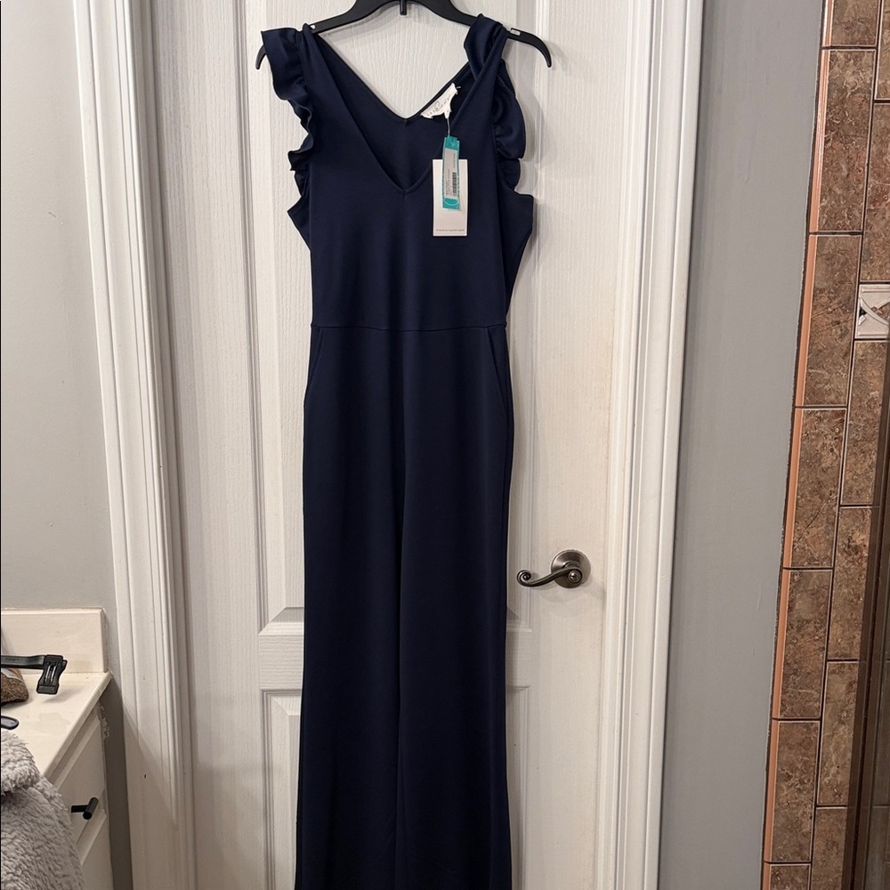 Navy Ruffle-Shoulder Jumpsuit - Unbranded